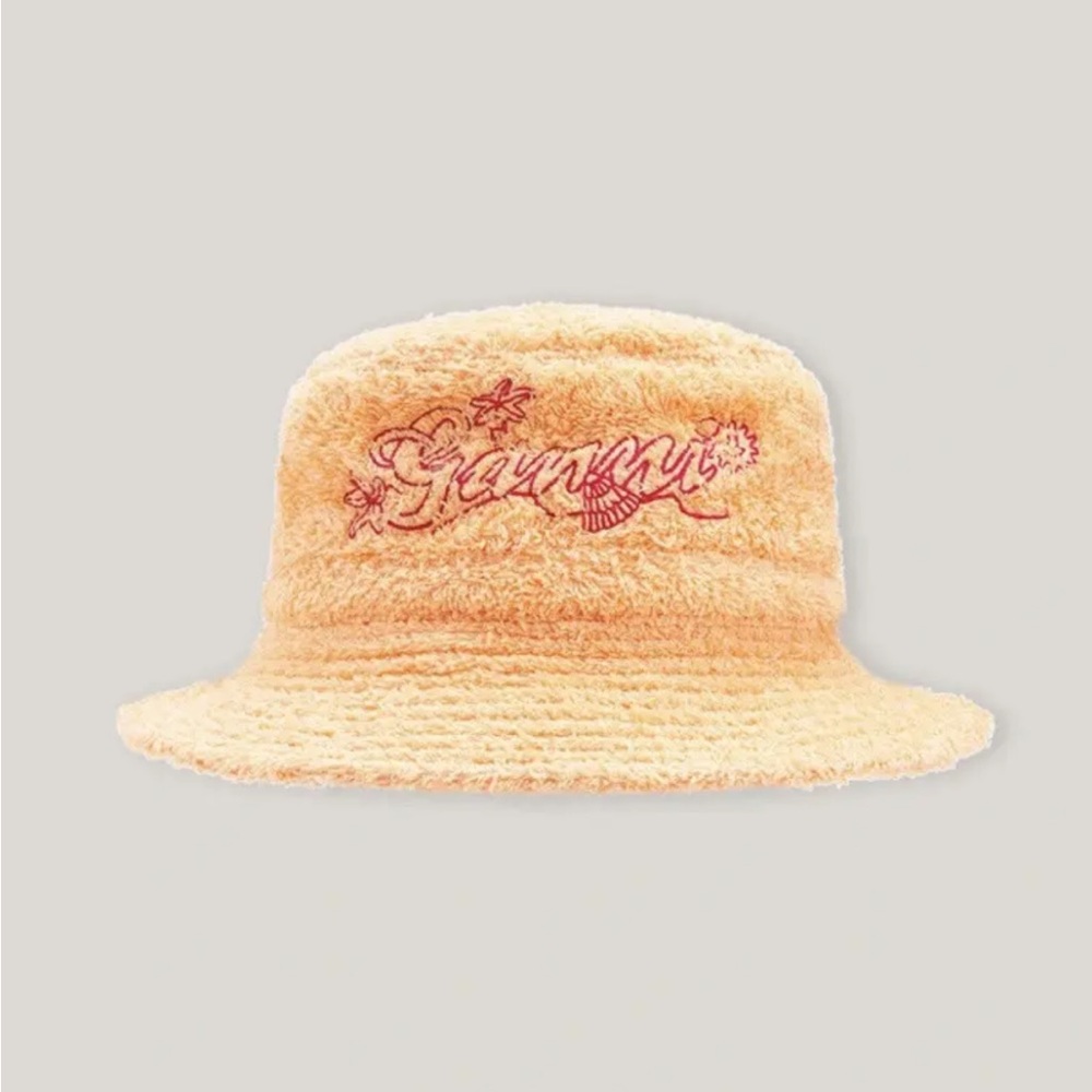 GANNI Logo Embroidered Terrycloth Bucket Beach Hat
